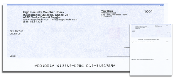 Business Voucher Checks for QuickBooks and Quicken (check on top) - Blue Security Design